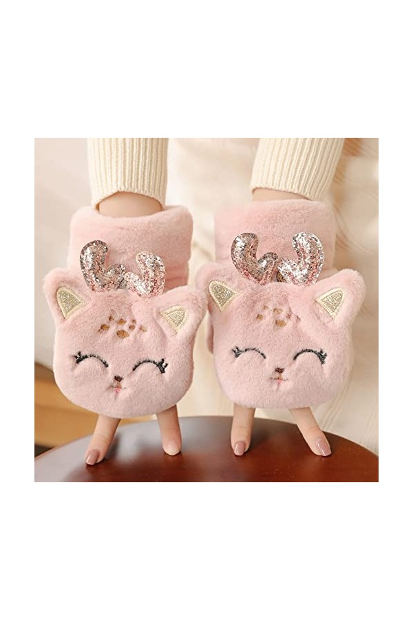 Liyinco Gants sans Doigts en Peluche Elk Mignons pour Femmes, Gants sans Doigts en Peluche Chauds dhiver, Gants sans Doigts 