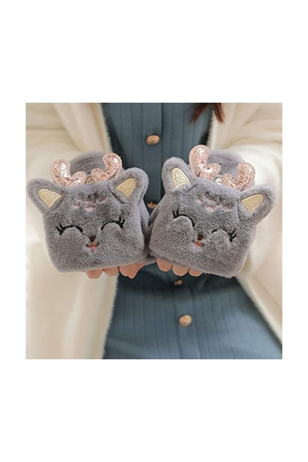 Liyinco Gants sans Doigts en Peluche Elk Mignons pour Femmes, Gants sans Doigts en Peluche Chauds dhiver, Gants sans Doigts 
