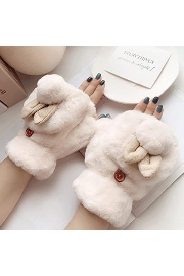 Gants sans Doigts en Peluche Lapin Mignon pour Femmes, Gants sans Doigts en Peluche Chauds dhiver, Gants sans Doigts Chauds 