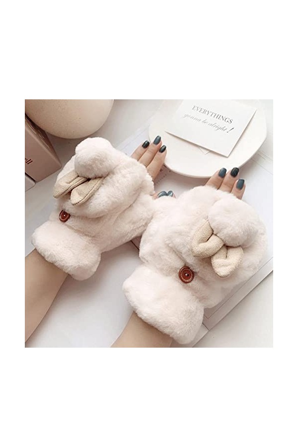 Liyinco Gants sans Doigts en Peluche Lapin Mignon dhiver, Gants sans Doigts Chauds en Peluche pour Femmes, Gants sans Doigts