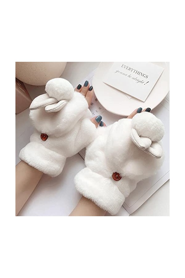 Liyinco Gants sans Doigts en Peluche Lapin Mignon dhiver, Gants sans Doigts Chauds en Peluche pour Femmes, Gants sans Doigts