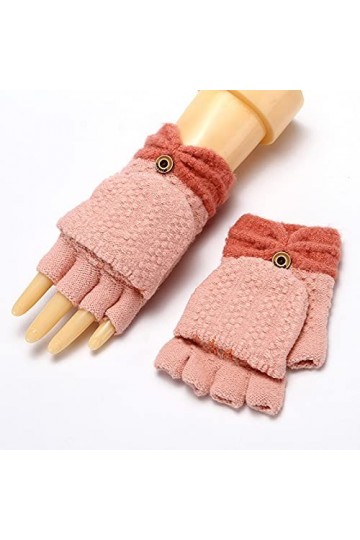 Gants sans Doigts en Tricot - Gants dhiver en Laine avec Nœud De Dessin Animé pour Femmes - Gants DExtérieur en Jacquard À 