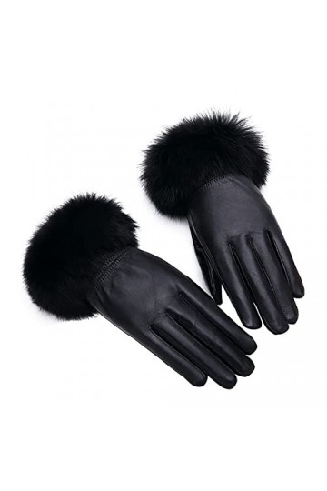SJDWDX Gants dhiver en cuir véritable pour femme, épais et chaud avec doublure en polaire corail et poignets en fourrure de 