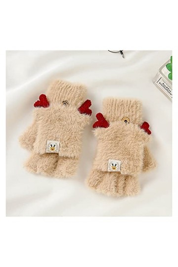 Gants sans Doigts en Tricot - Gants À Demi-Doigts À Double Couche pour Femmes en Bois Mignon - Hiver Épais en Peluche pour Ét