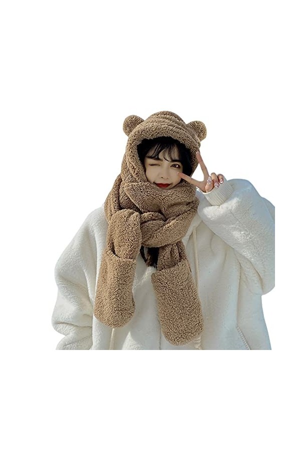 IBLUELOVER Ensemble 3 en 1 Chapeau Echarpe Moufle Femme Fille Bonnet Hiver Chaud en Peluche Chapeau Chapka Cagoules avec Foul