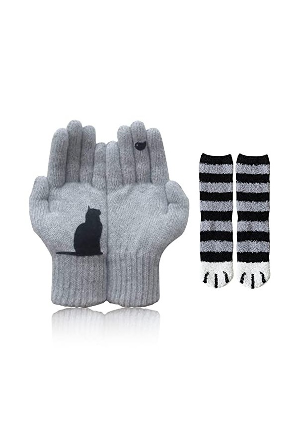 Japelessor Cat Fan Cotton Gloves, Cat Bird Print Gloves - with Cute Cat Paw Fuzzy Socks, Ladies Full Fingers Winter Outdoor T