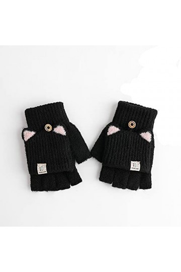 Gants sans Doigts en Tricot - Couverture À Rabat pour Dames, Oreilles De Chat Mignonnes, Gants en Laine À Demi-Doigts - Gants
