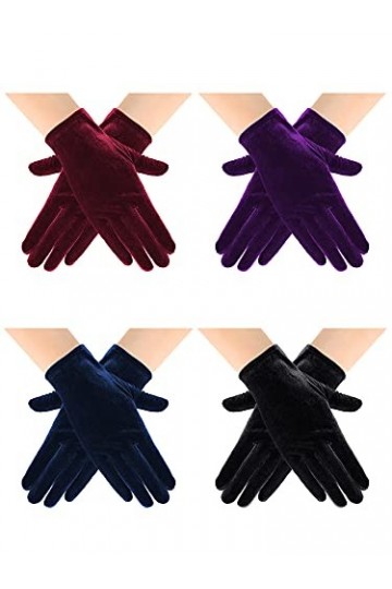 4 Paires Gants Courts en Velours Opéra Mitaines de Poignet Banquet de Fête de Mariage Noir, Violet, Bleu, Vin Rouge 