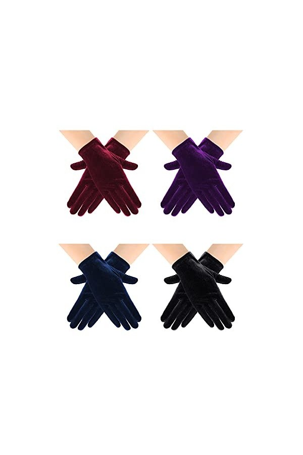 4 Paires Gants Courts en Velours Opéra Mitaines de Poignet Banquet de Fête de Mariage Noir, Violet, Bleu, Vin Rouge 