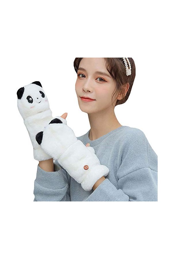Millya UK Gants thermiques en polaire corail mignon motif panda Couverture sans doigts Moufles à rabat