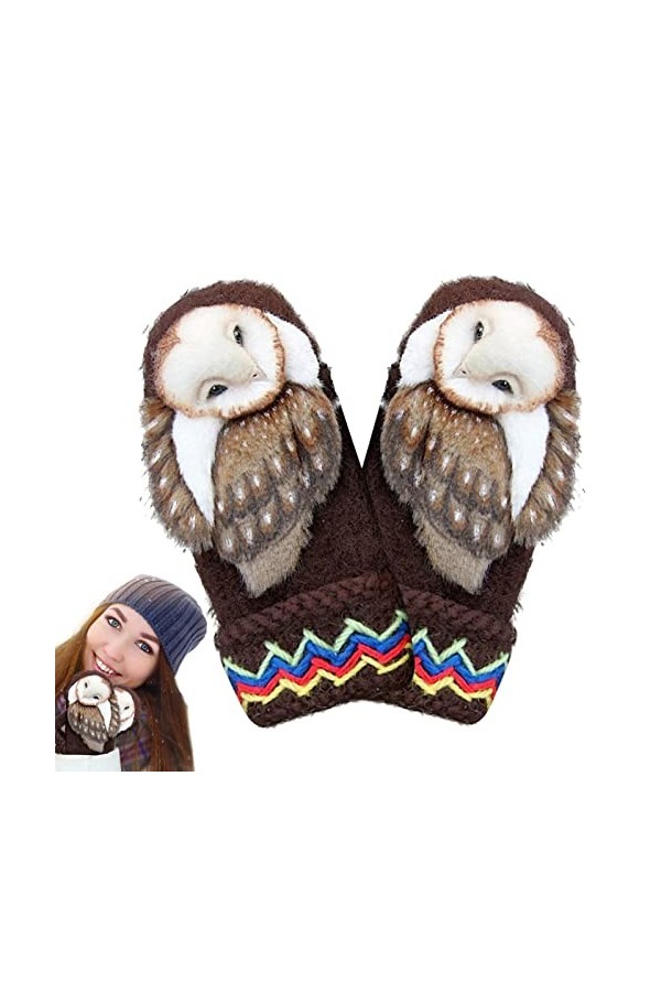 YULIAN Gants chauds pour femmes | Gants tricotés en cachemire avec poignets élastiques | Gants dhiver nordiques avec chouett