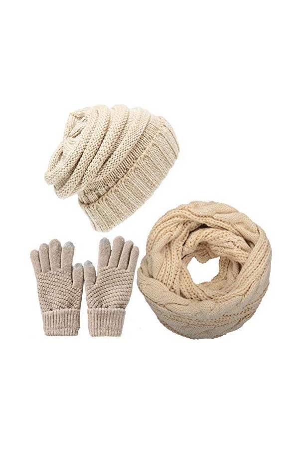 LYworld Femme Hiver Tricotés Bonnet Écharpe et Gants Ensemble Chauffant Bonnet Tricot Écharpe avec Gants décran tactile,3 Pi