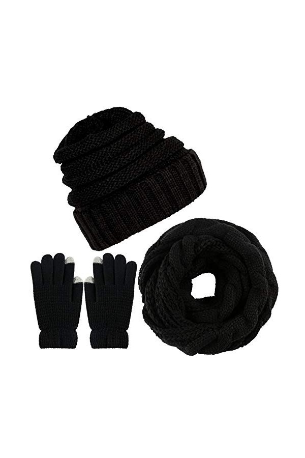 LYworld Femme Hiver Tricotés Bonnet Écharpe et Gants Ensemble Chauffant Bonnet Tricot Écharpe avec Gants décran tactile,3 Pi