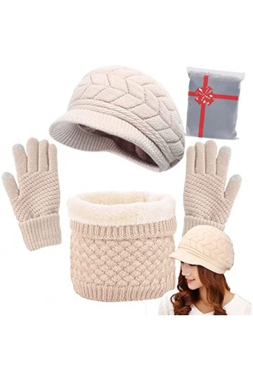 CheChury Femme Tricot Béret Chapeau Écharpe Gants à Écran Tactile Ensemble Chaud Tricot Tour de Cou avec Doublure Polaire pou