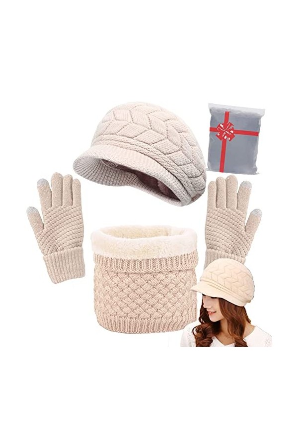 CheChury Femme Tricot Béret Chapeau Écharpe Gants à Écran Tactile Ensemble Chaud Tricot Tour de Cou avec Doublure Polaire pou