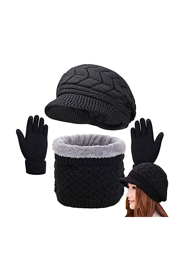 CheChury Femme Tricot Béret Chapeau Écharpe Gants à Écran Tactile Ensemble Chaud Tricot Tour de Cou avec Doublure Polaire pou