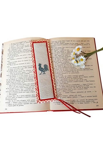 Signet élégant. Marque page brodé. Marque page fait main en Italie. Broderie au point de croix. Lavande. Coq. Rooster. Gris. 