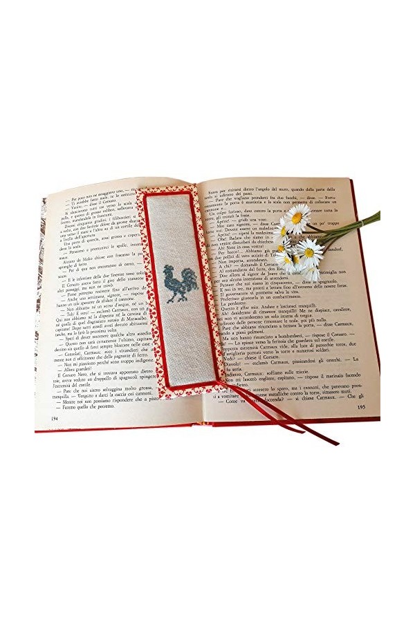 Signet élégant. Marque page brodé. Marque page fait main en Italie. Broderie au point de croix. Lavande. Coq. Rooster. Gris. 