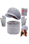 CheChury Femme Tricot Béret Chapeau Écharpe Gants à Écran Tactile Ensemble Chaud Tricot Tour de Cou avec Doublure Polaire pou
