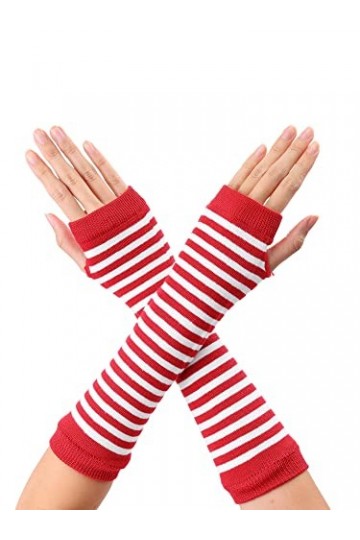 sourcing map Paire de gants rayés pour femme - Longueur du coude, rouge/blanc, taille unique