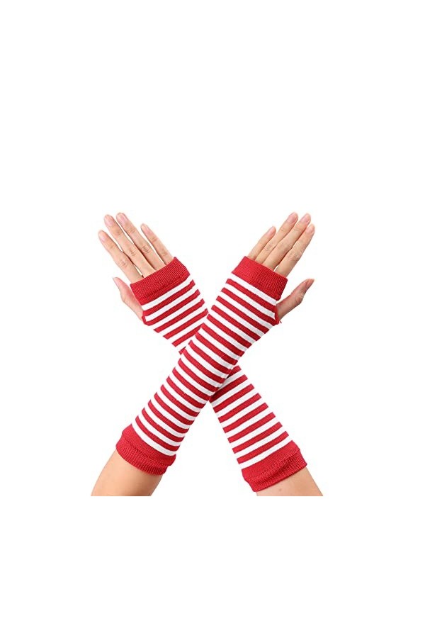 sourcing map Paire de gants rayés pour femme - Longueur du coude, rouge/blanc, taille unique