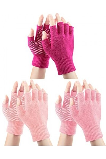 3 Paires Gants Demi-Doigts Antidérapants Mitaines Sans Doigts Unisexes en Tricot pour Hiver Rose, Rose Rouge, Rose Clair 