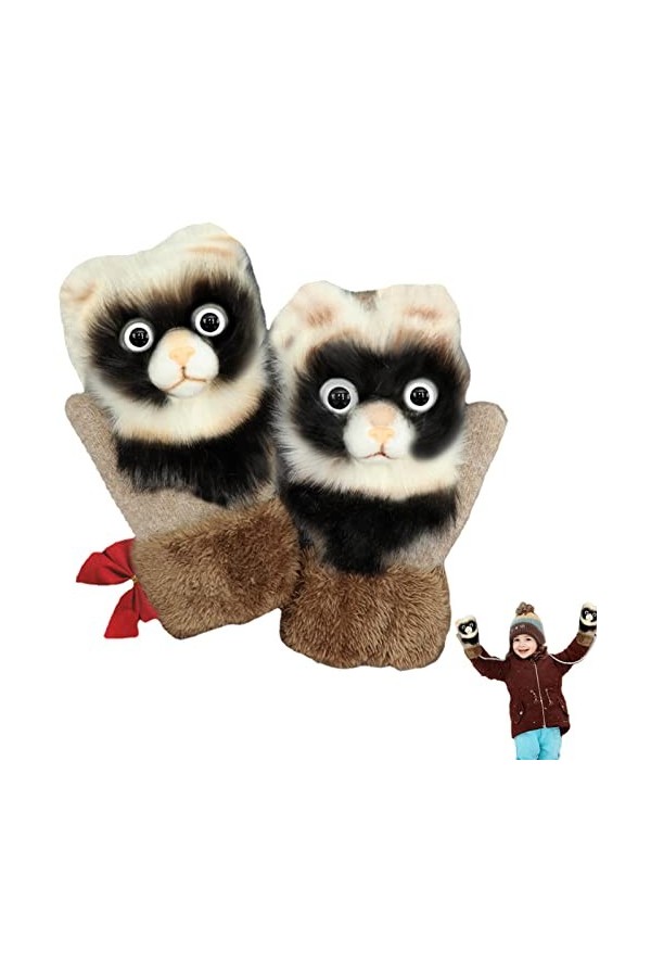 Cipliko Mitaines pour Femmes,Moufles Raton Laveur et Panda Dessin animé | Gants dhiver épais en Tricot Chaud pour Temps Froi