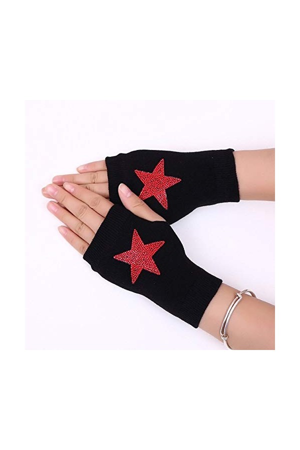 RFEGEF Femme Gants dhiver,Gants À Écran Tactile en Tricot Demi-Doigt en Cristal Rouge Gants Étoiles À Cinq Branches Dames Do