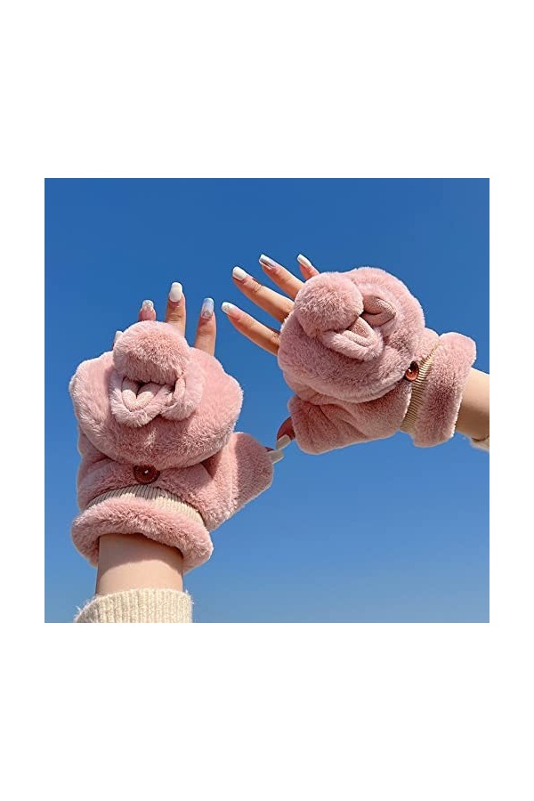 Liyinco Gants sans Doigts en Peluche Lapin Mignon dhiver, Gants sans Doigts en Peluche Chauds pour Femmes, Gants sans Doigts