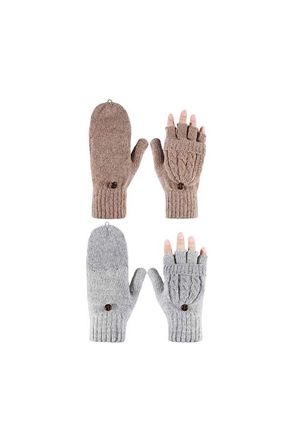 2 Paires de Mitaines sans Doigts pour Femmes Gants dHiver Convertibles Gants Tricotés Demi-Doigts avec Couverture Noir, Gri