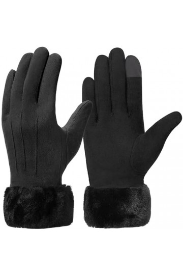 Vagasi Gants Pour Hiver Noir Femme Ecran Tactile Chaud Cuir Suédé Mouffle Conduite Jogging Extérieur Velo Taille unique, Noir