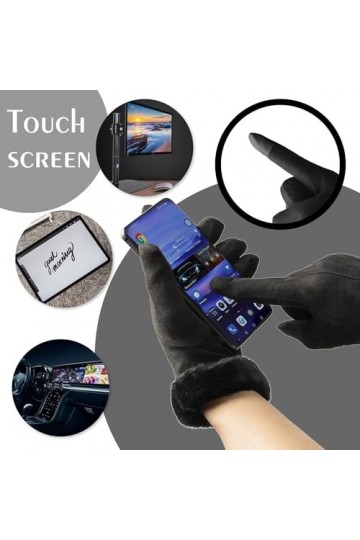 Vagasi Gants Pour Hiver Noir Femme Ecran Tactile Chaud Cuir Suédé Mouffle Conduite Jogging Extérieur Velo Taille unique, Noir