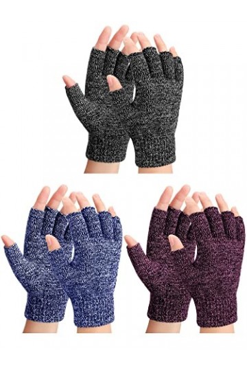 SATINIOR 3 Paires Gants sans Doigts Tricotés dHiver Mitaines Demi-Doigts Chauds Thermiques Noir Gris, Bleu Marine, Noir Rou