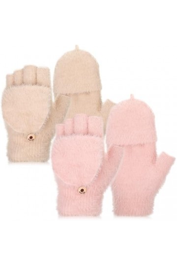 Neer 2 Gants sans Doigts Convertibles à Écran Tactile Mitaines à Rabat Chaudes Demi-Doigts Hiver Femme Beige, Rose 