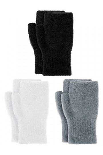 Bencailor 3 Paires Mitaines sans Doigts dHiver avec Trou de Pouce Gants Tricotés en Fausse Fourrure de Vison Noir, Blanc, G