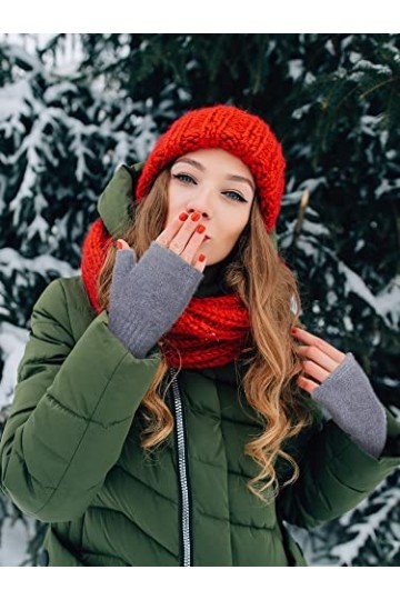 Bencailor 3 Paires Mitaines sans Doigts dHiver avec Trou de Pouce Gants Tricotés en Fausse Fourrure de Vison Noir, Blanc, G