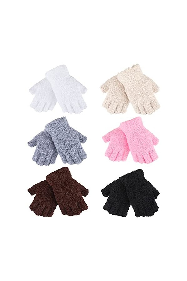 6 Paires Gants sans Doigts dHiver Flous Gants Demi-Doigts Gants Extensibles Chauds avec Trous de Doigt, 6 Couleurs