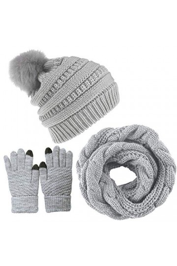 CheChury Femme Tricotés Écharpe Bonnet et Gants Hiver Ensemble Chauffant Pompom Bonnet Chaude Echarpe Tube Écharpe avec Gants