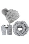 CheChury Femme Tricotés Écharpe Bonnet et Gants Hiver Ensemble Chauffant Pompom Bonnet Chaude Echarpe Tube Écharpe avec Gants
