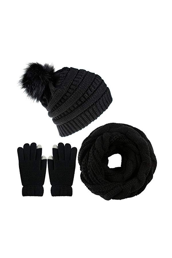 CheChury Femme Tricotés Écharpe Bonnet et Gants Hiver Ensemble Chauffant Pompom Bonnet Chaude Echarpe Tube Écharpe avec Gants