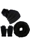 CheChury Femme Tricotés Écharpe Bonnet et Gants Hiver Ensemble Chauffant Pompom Bonnet Chaude Echarpe Tube Écharpe avec Gants