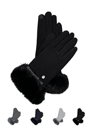 LIZ Gants tricotés classiques en polaire 100&nbsp;% peluche ultra-douce compatibles avec fonction tactile pour femme - noir - Larg