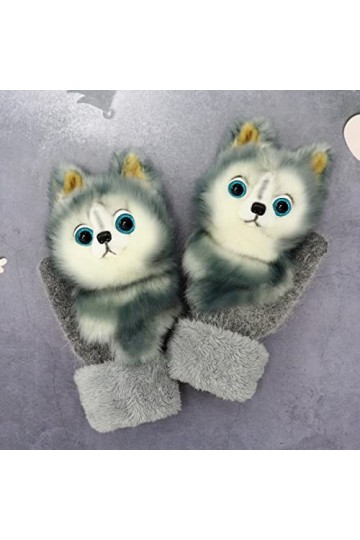 Tuelaly 1 paire de gants épais pour femme, motif animal de dessin animé 3D, gants chauds doublés en polaire, moufles pour le