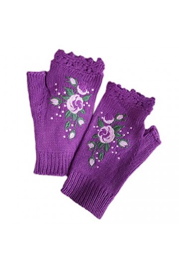 MYhose Manchettes Femmes Hiver Tricoté Gants sans Doigts Floral Abeille Broderie Trou Moufles Violet