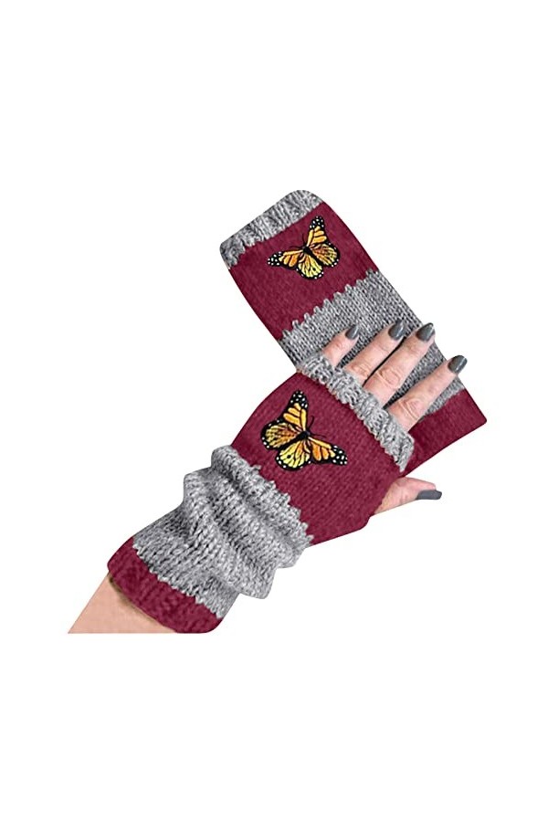 Mitaines sans doigts pour femme Mitaines chaudes en tricot à motif papillon imprimé chauffe-pouls dhiver broderie en tricot 