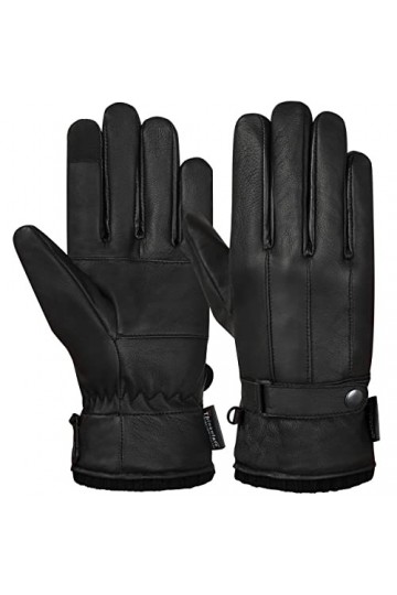 Hand Fellow Gants dhiver en cuir pour écran tactile en peau de mouton douce avec doublure en polaire chaude, Noir , L