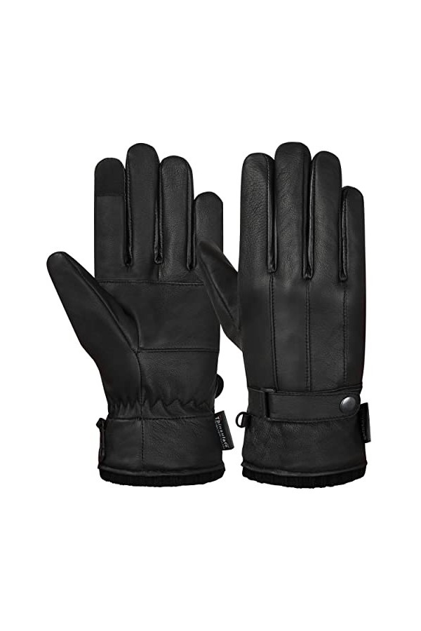 Hand Fellow Gants dhiver en cuir pour écran tactile en peau de mouton douce avec doublure en polaire chaude, Noir , L