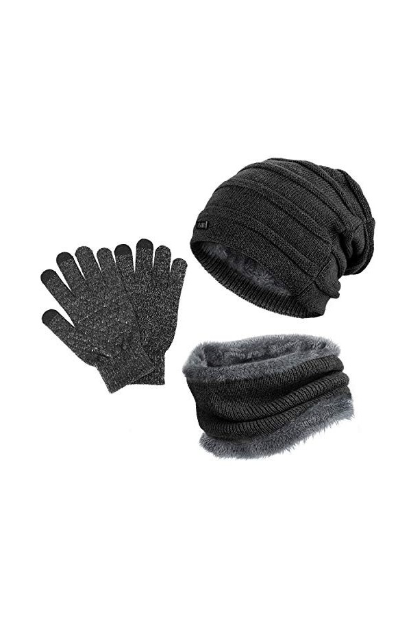 GIKPAL Cache-cou bonnet tricoté extensible avec gants à écran tactile, écharpe de chapeau dhiver unisexe avec intérieur doux