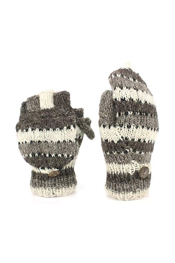 LOUDelephant Laine Tricot Mitaines Tireur Gants Avec Complet Doublure Polaire - Rayé - Farine DAvoine & Gris, One Size