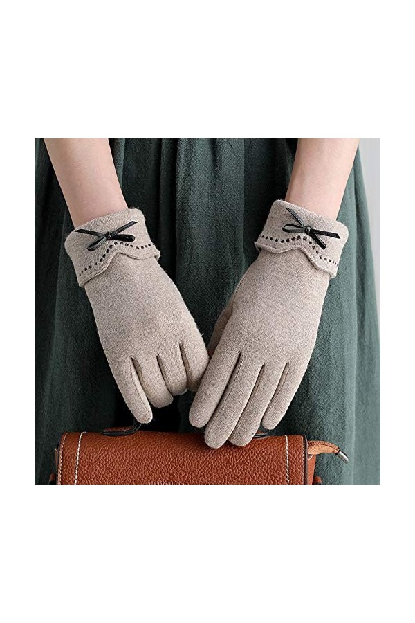 Femmes Gants Gardez au chaud Écran Tactile Gant Cyclisme Élégant Femme Noeud Élasticité Doux Broderie Moufles, Femme, Kaki Lo